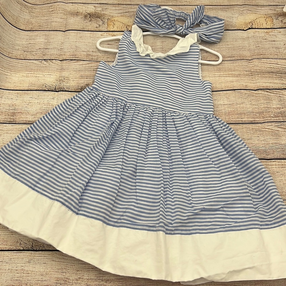 Girls Beautiful Blue and While Striped Dress with Matching Headband